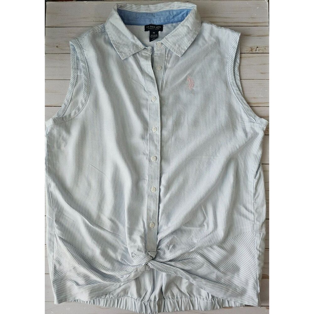 U.S. Polo Assn. Women’s M Blue White Striped Sleeveless Button Front Tie Top